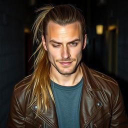 A man with light brown long ponytail hair, wearing a rugged leather jacket and casual attire