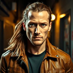 A man with light brown long ponytail hair, wearing a rugged leather jacket and casual attire