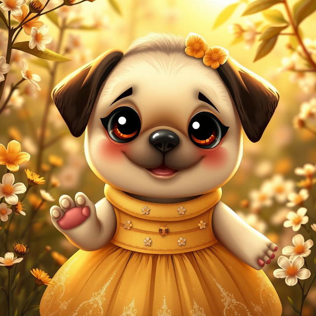 A whimsical scene featuring a cute pug girl with a honey-inspired theme