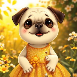 A whimsical scene featuring a cute pug girl with a honey-inspired theme