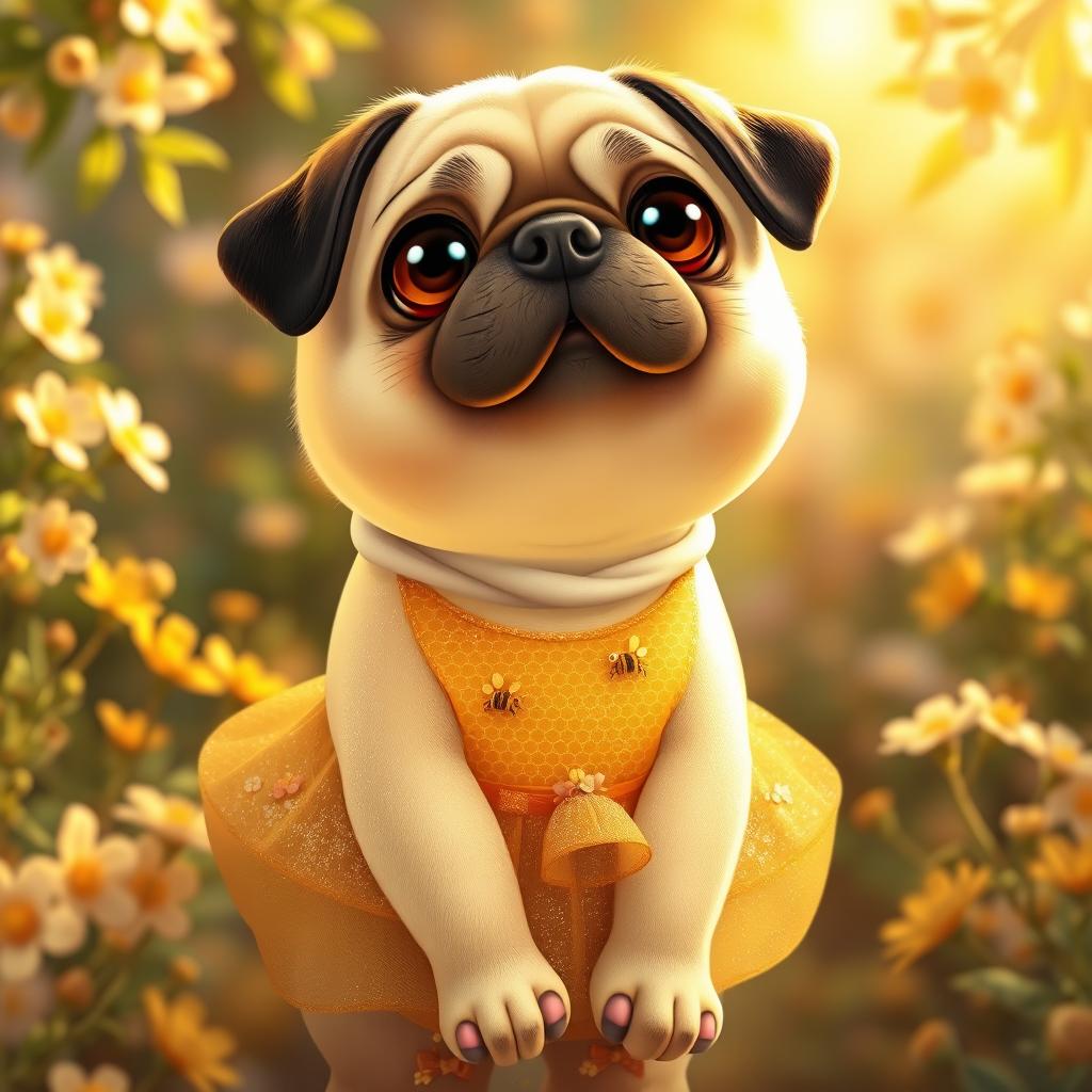 A whimsical scene featuring a cute pug girl with a honey-inspired theme