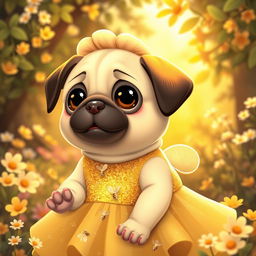 A whimsical scene featuring a cute pug girl with a honey-inspired theme