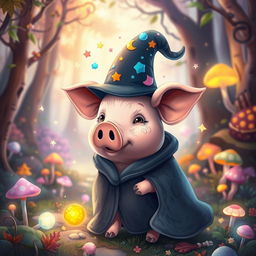 A whimsical and enchanting scene featuring a magical pig dressed as a wizard