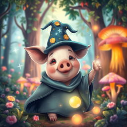A whimsical and enchanting scene featuring a magical pig dressed as a wizard