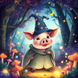 A whimsical and enchanting scene featuring a magical pig dressed as a wizard