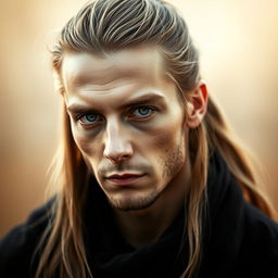 A portrait of a man with light brown, long hair styled in a ponytail