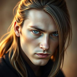 A portrait of a man with light brown, long hair styled in a ponytail