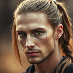 A portrait of a man with light brown, long hair styled in a ponytail