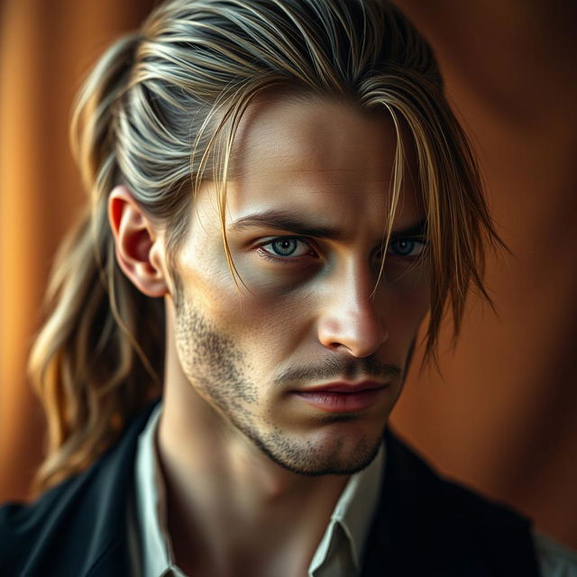 A portrait of a man with light brown, long hair styled in a ponytail