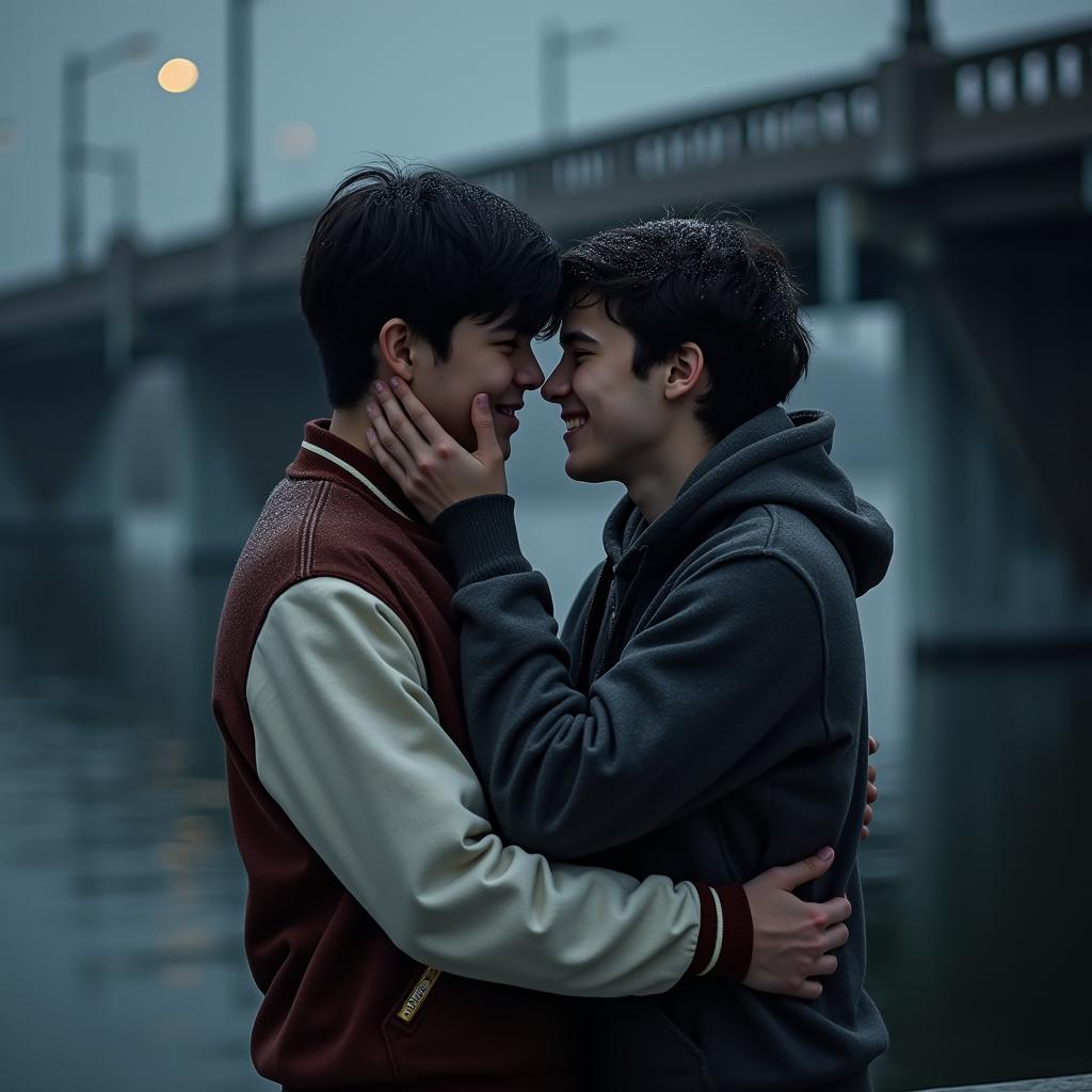 Two 18-year-old boys in a loving embrace, gazing intently into each other's eyes, radiating warmth and connection