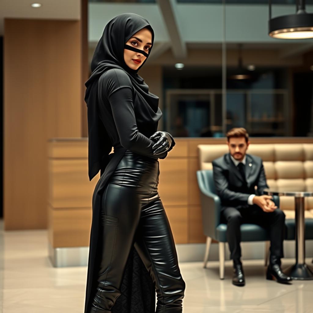 A stunningly beautiful woman wearing a niqab and hijab, yet dressed in tight black leather leggings, leather gloves, and high-heeled leather boots