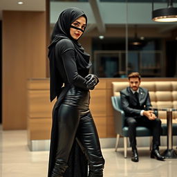 A stunningly beautiful woman wearing a niqab and hijab, yet dressed in tight black leather leggings, leather gloves, and high-heeled leather boots