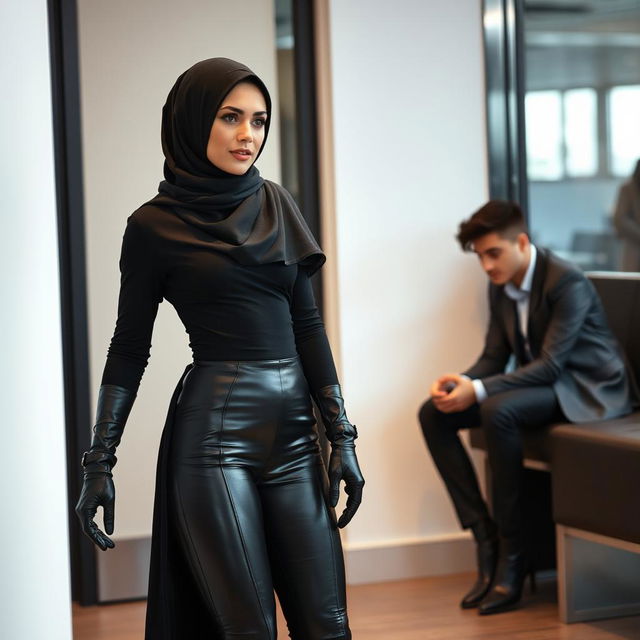 A stunningly beautiful woman wearing a niqab and hijab, yet dressed in tight black leather leggings, leather gloves, and high-heeled leather boots