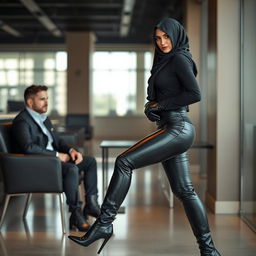 A stunningly beautiful woman wearing a niqab and hijab, yet dressed in tight black leather leggings, leather gloves, and high-heeled leather boots