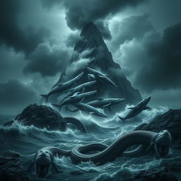 A dramatic and surreal landscape featuring a scary mountain towering over turbulent seas