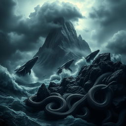 A dramatic and surreal landscape featuring a scary mountain towering over turbulent seas