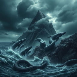 A dramatic and surreal landscape featuring a scary mountain towering over turbulent seas