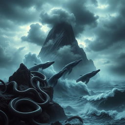 A dramatic and surreal landscape featuring a scary mountain towering over turbulent seas