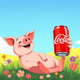 A cute and humorous illustration of a pig happily drinking a can of Coca-Cola