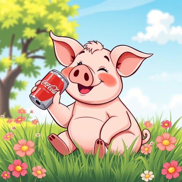 A cute and humorous illustration of a pig happily drinking a can of Coca-Cola