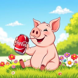 A cute and humorous illustration of a pig happily drinking a can of Coca-Cola