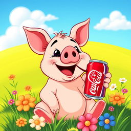 A cute and humorous illustration of a pig happily drinking a can of Coca-Cola