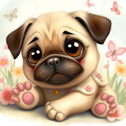 A whimsical and enchanting scene featuring a cute pug girl with an adorable pug face, large expressive eyes, and a playful personality