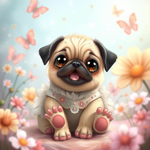 A whimsical and enchanting scene featuring a cute pug girl with an adorable pug face, large expressive eyes, and a playful personality