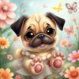 A whimsical and enchanting scene featuring a cute pug girl with an adorable pug face, large expressive eyes, and a playful personality