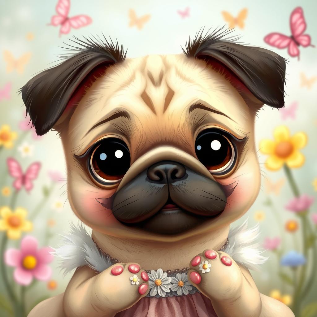 A whimsical and enchanting scene featuring a cute pug girl with an adorable pug face, large expressive eyes, and a playful personality