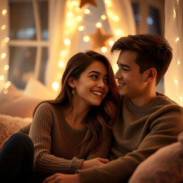 A romantic scene featuring a young couple in a cozy, intimate setting