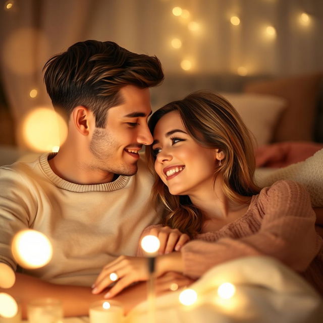 A romantic scene featuring a young couple in a cozy, intimate setting