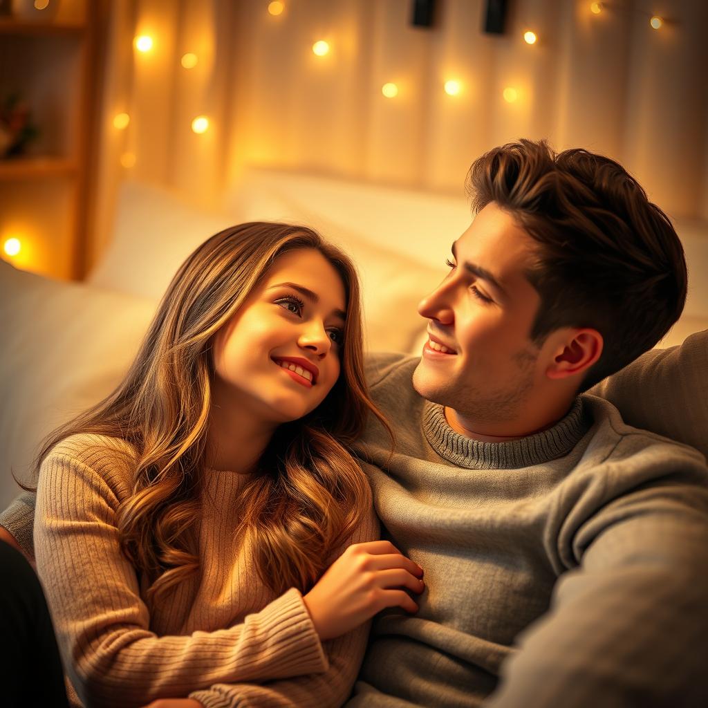 A romantic scene featuring a young couple in a cozy, intimate setting