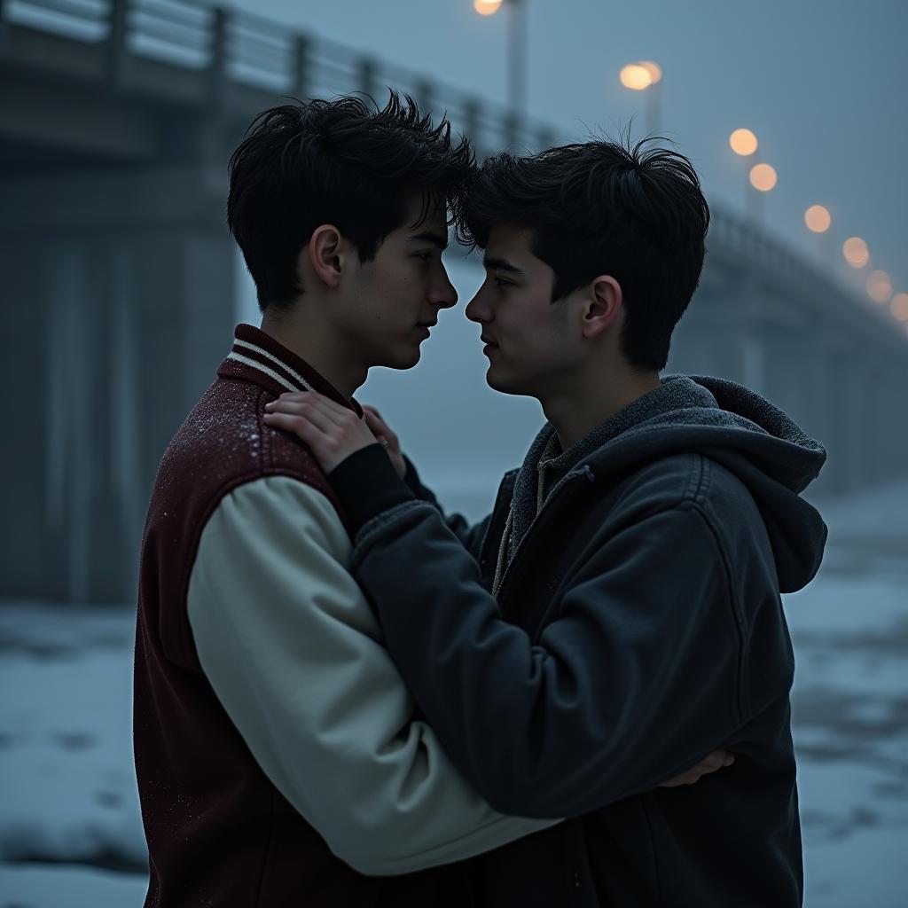 Two 18-year-old boys in a loving embrace, gazing deeply into each other's eyes, expressing warmth and connection