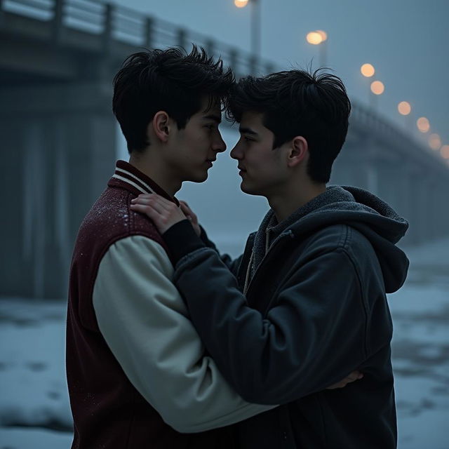 Two 18-year-old boys in a loving embrace, gazing deeply into each other's eyes, expressing warmth and connection