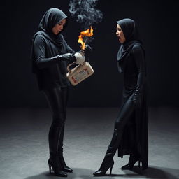 A stunningly beautiful woman wearing a niqab and hijab, yet donning tight black leather leggings and leather gloves, along with high-heeled leather boots