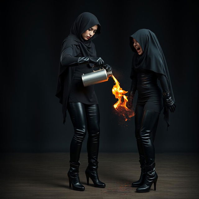 A stunningly beautiful woman wearing a niqab and hijab, yet donning tight black leather leggings and leather gloves, along with high-heeled leather boots