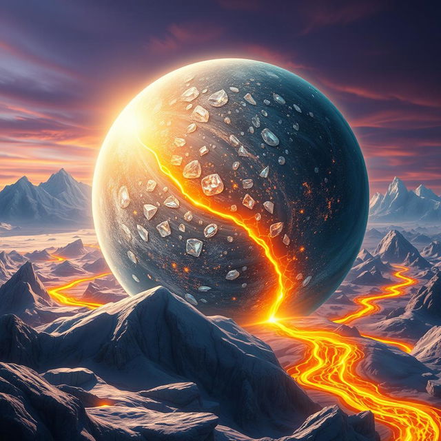 A breathtaking fantasy scene depicting a diamond and molten gold planet, surrounded by icy landscapes