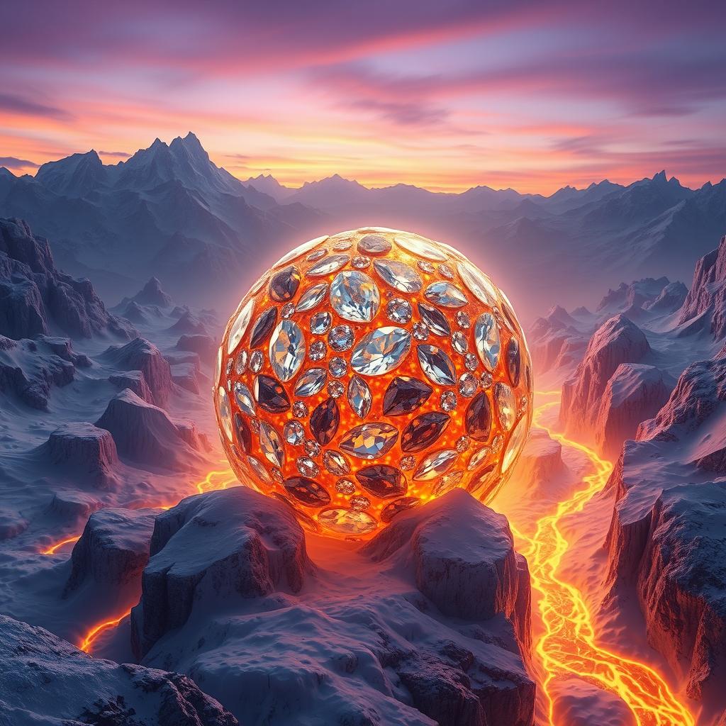 A breathtaking fantasy scene depicting a diamond and molten gold planet, surrounded by icy landscapes