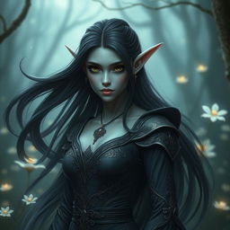 A beautiful grey-skinned elf with long ears, flowing long black hair, and striking black eyes