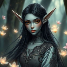 A beautiful grey-skinned elf with long ears, flowing long black hair, and striking black eyes