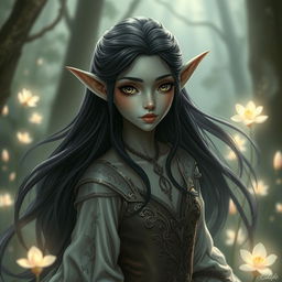 A beautiful grey-skinned elf with long ears, flowing long black hair, and striking black eyes