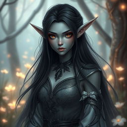A beautiful grey-skinned elf with long ears, flowing long black hair, and striking black eyes