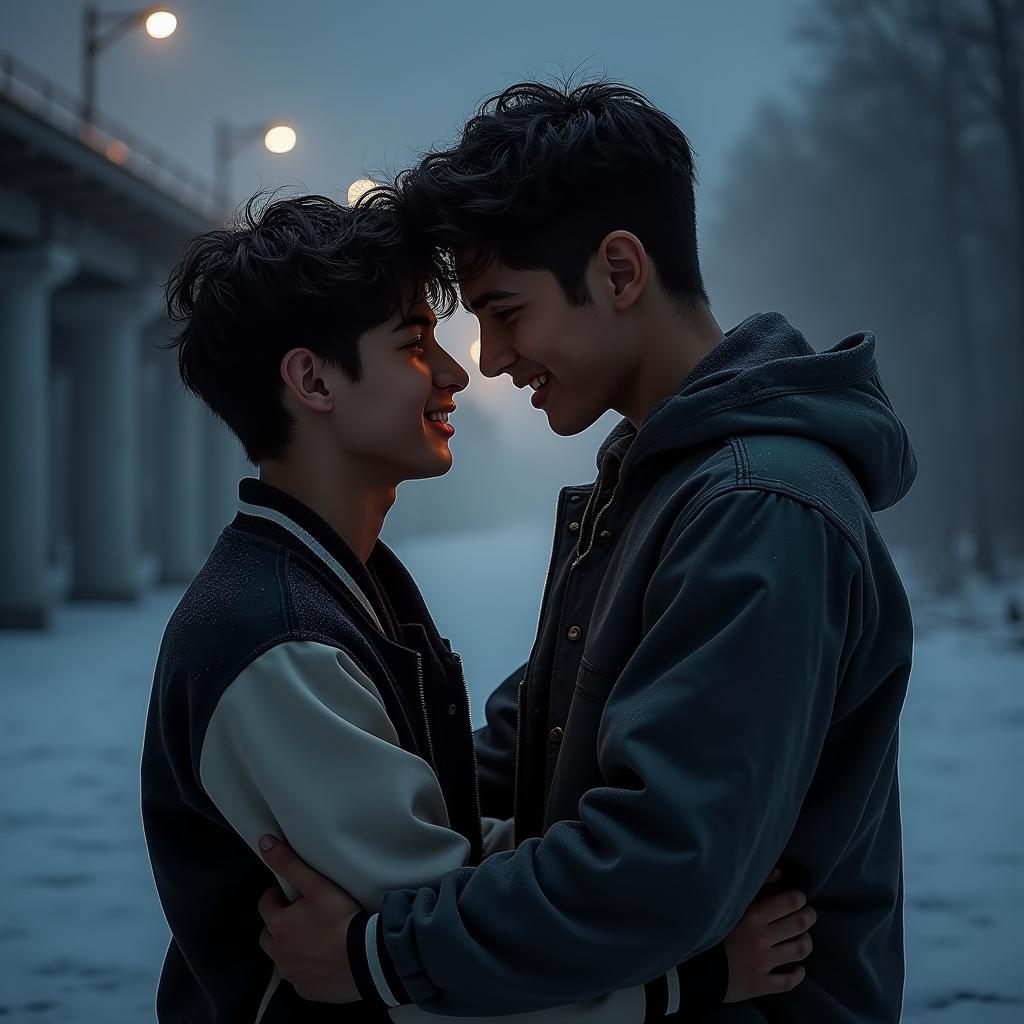 Two 18-year-old boys in a passionate lovers' embrace, gazing deeply into each other's eyes, filled with affection and connection