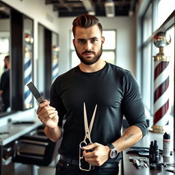 A stylish male barber standing confidently in a modern barbershop, holding a pair of scissors and a comb in his hands