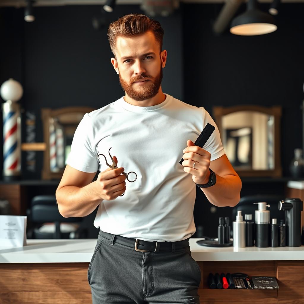 A stylish male barber standing confidently in a modern barbershop, holding a pair of scissors and a comb in his hands
