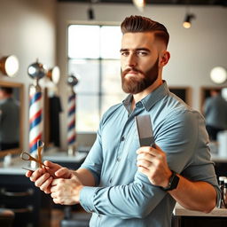 A stylish male barber standing confidently in a modern barbershop, holding a pair of scissors and a comb in his hands