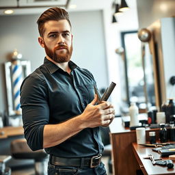 A stylish male barber standing confidently in a modern barbershop, holding a pair of scissors and a comb in his hands