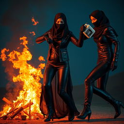 A stunning woman wearing a black niqab and hijab, dressed in black leather leggings, leather gloves, a leather jacket, and high-heeled leather boots, pouring gasoline on another woman dressed in the same attire