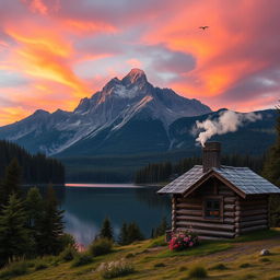 A picturesque landscape featuring a majestic mountain range at sunrise, with vivid orange and pink hues illuminating the sky